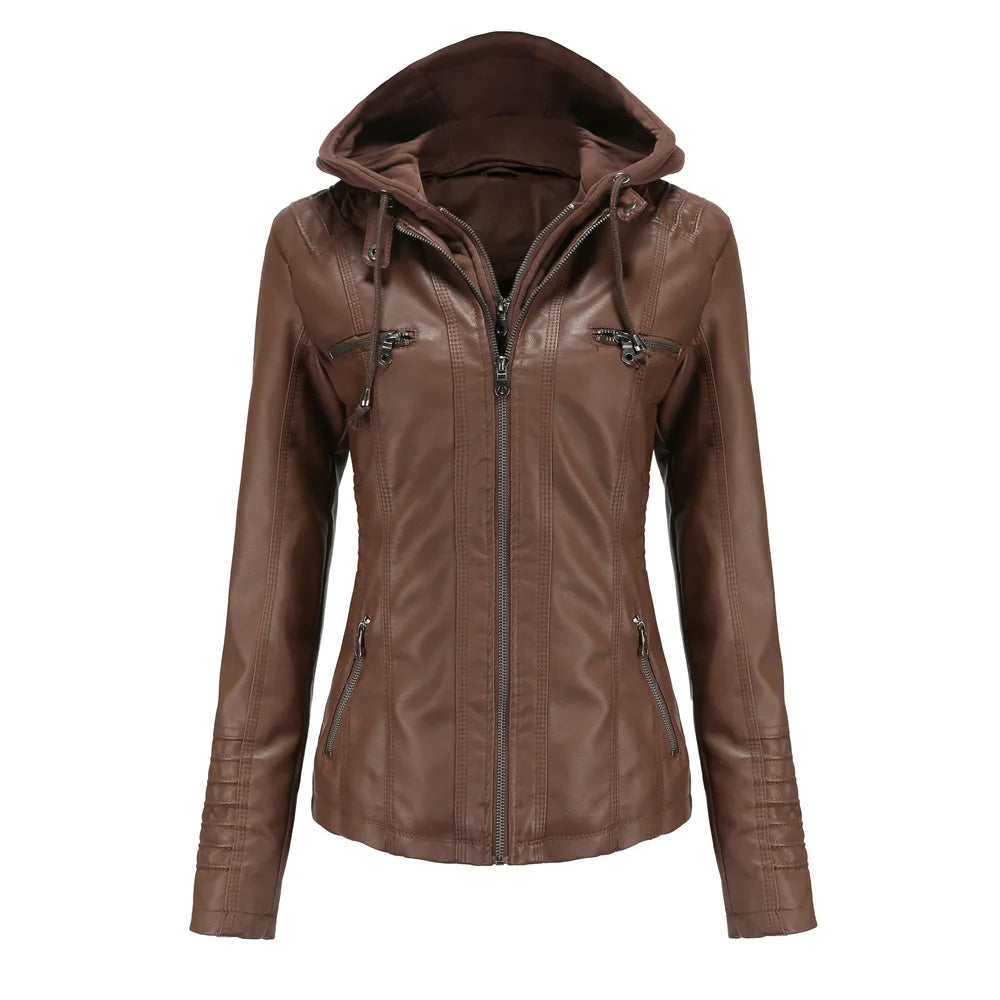 Autumn Winter Women Leather Jacket Hooded Removable PU Leather Jackets Motorcycle Long Sleeve Zipper Coat Black Outerwear XS-7XL