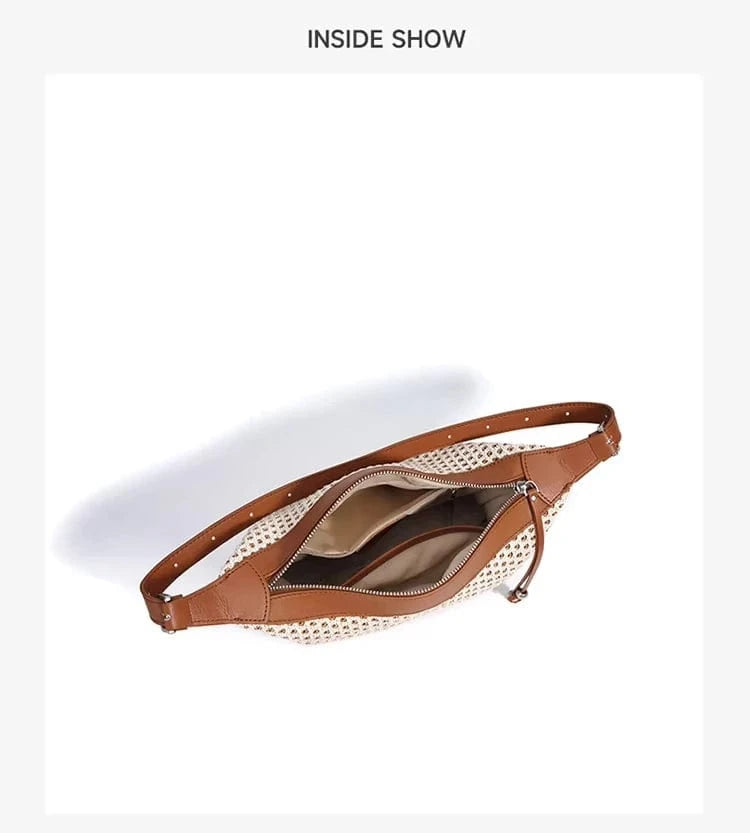 Casual Style Straw Woven with Cowhide Leather Shoulder Bags High Quality Beach Bags Straw Genuine Leather Handbags for Women