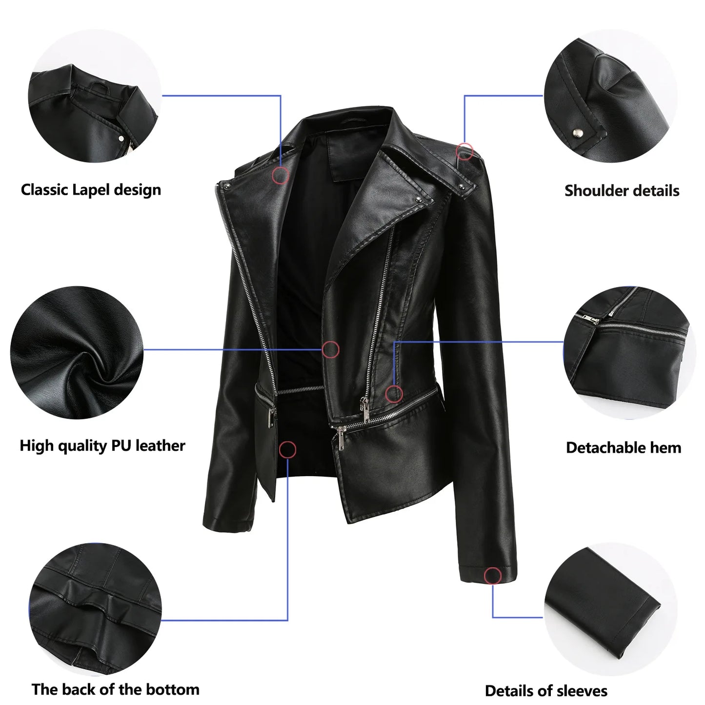 Spring Autumn Motorcycle PU Leather Jacket Women Casual Leather Coat Female Long Sleeve Turn-down Collar Solid Outwear