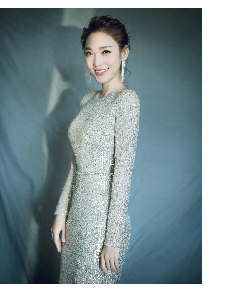 FDHAOLU FU124 Muslim Silver Mermaid Elegant Evening Dresses Gowns Long Sleeves Sparkle For Women Party Dress Customized