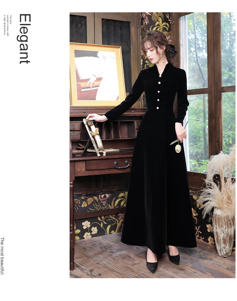 Customized Plue Size Black Velour Muslim Evening Gown V-Neck A-Line Floor Length Dress Long Sleeve Zipper Black Evening Dress