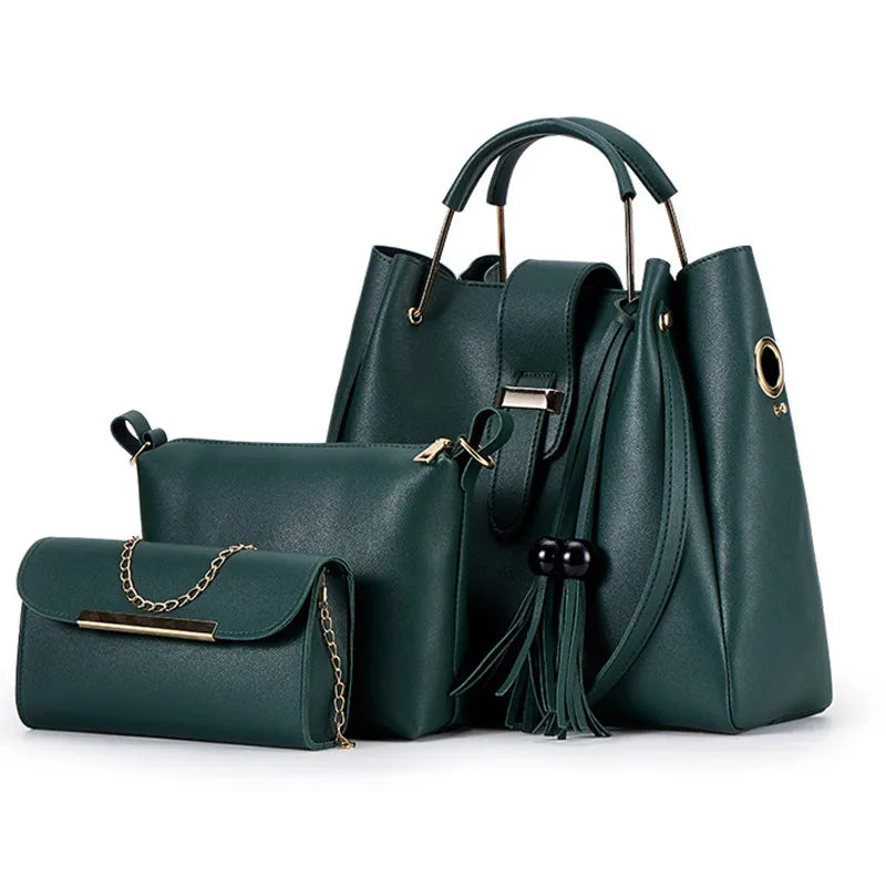 High Quality Women' s 3 Pcs Set Large Capacity Handbag Solid Color Purse Shoulder Messenger Bag Pu Leather Tote Bag