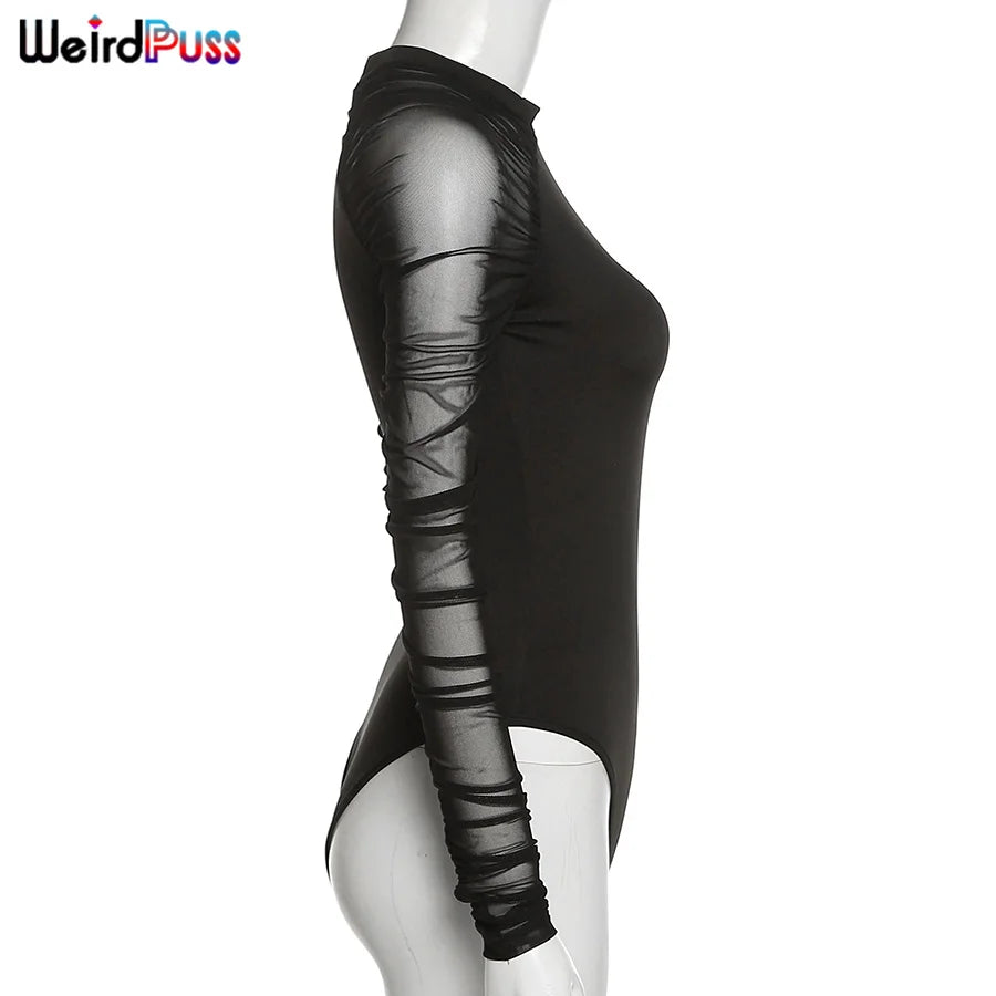Weird Puss 2023 Mesh Patchwork Bodysuit Sexy Women Sleeve Ruched Skinny Turtleneck Bodycon Elegant Wild Tops Streetwear Outfits