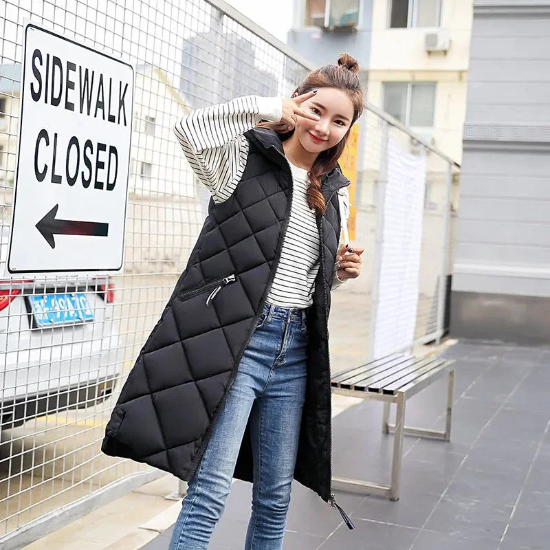 2024 New Winter Down Cotton Hooded Sleeveless Waistcoat Loose Vest Cotton Vest Long Women's Autumn Jacket Female Bisic Coats 90