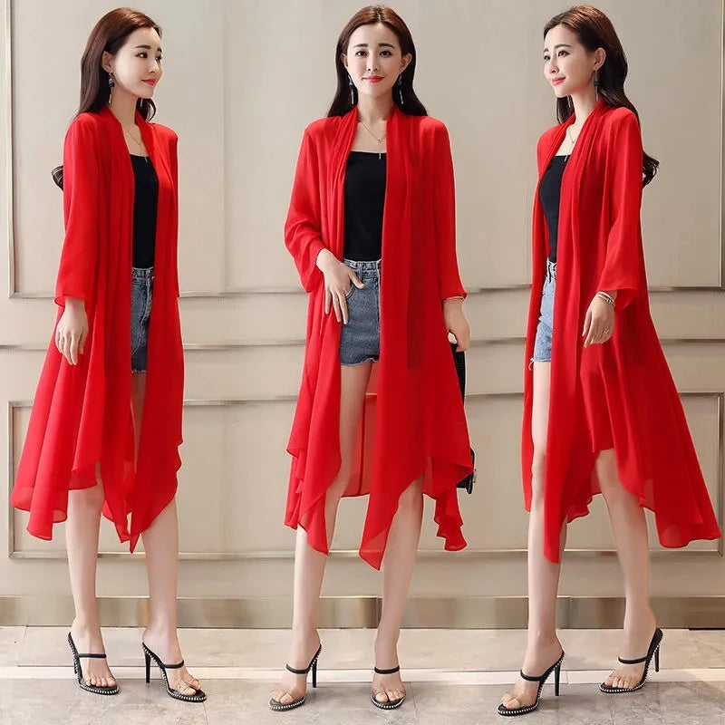 Women Clothing 2021Female Summer Thin Section Long Sun Protection Clothing Long Sleeve Shawl Chiffon Cardigan Trend Coat B19