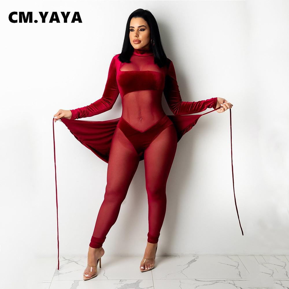 CM.YAYA Autumn Winter Women Long Sleeve Velvet Mesh Patchwork Jumpsuit Vintage Sexy Night Party Club One Piece Romper Playsuit