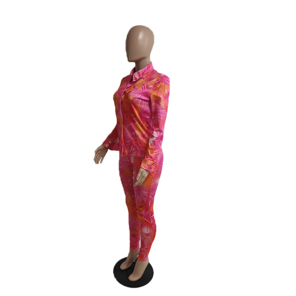CM.YAYA Autumn Letter Leaf Print Women's Set Blouses Shirt Legging Pants Suit Active Wear Tracksuit Two Piece Set Fitness Outfit