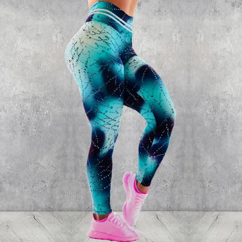 FCCEXIO Shinny Water Droplets Print Women Pants Push Up Running Sports Leggings Slim Pants Female Casual Trousers Fitness Leggin