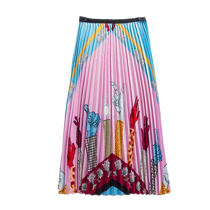 Casual Floral Midi Pleated Skirt For Women Fashion Printed Flower A Line Elastic High Waist Mid-length Skirt Female Ladies falda