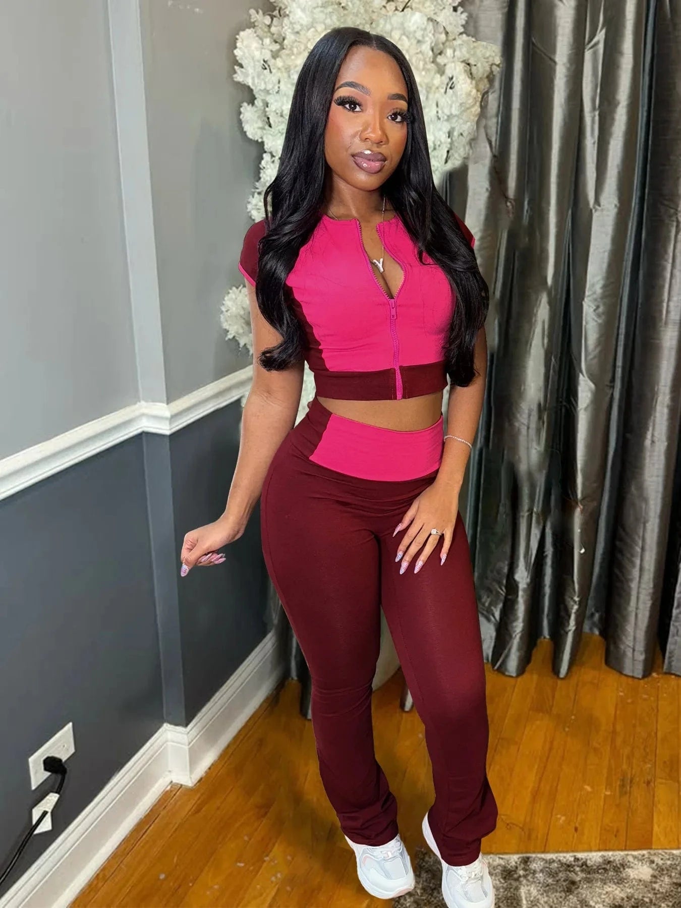 2025 New Women Spring Summer Outfit Set - Round Neck Zipper Tank Top + High Waist Flare Long Pants (Dropshipping/Wholesale)