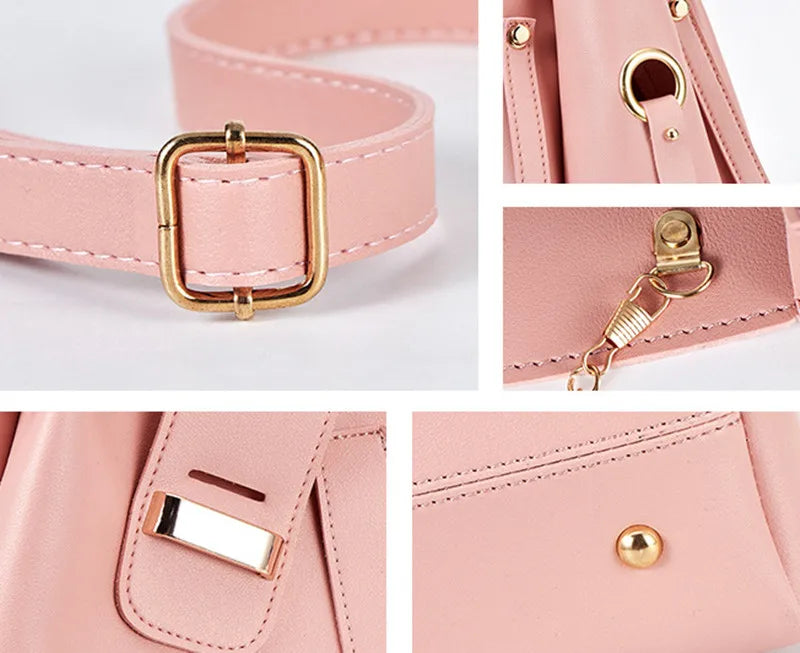 High Quality Women' s 3 Pcs Set Large Capacity Handbag Solid Color Purse Shoulder Messenger Bag Pu Leather Tote Bag