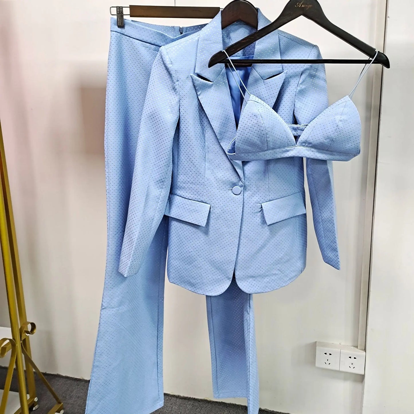 HIGH QUALITY New Fashion 2024 Designer Blazer Suit Set Women's Single Button Diamonds Beaded Camis Blazer Pants Suit 3pcs Set