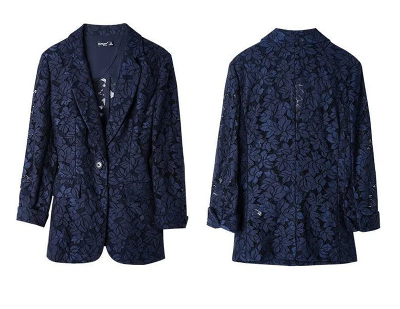 Size 6XL Lace Suit Jacket Female 2021 Autumn And Summer Temperament Sunscreen Hollow Blue Ladies Blazer Women Tops Elegant