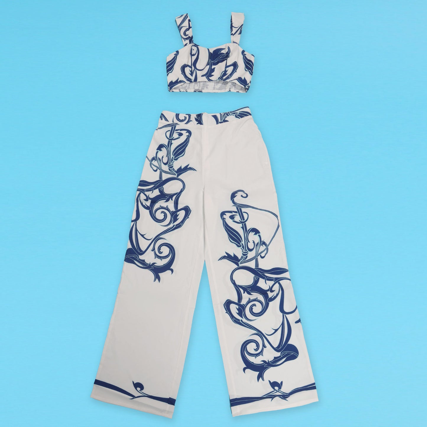 CM.YAYA 2024 Summer Women's Set Sleeveless Strapless Tops +Wide Leg Pants Print Party Street Two 2 Piece Sets Outfits Tracksuit