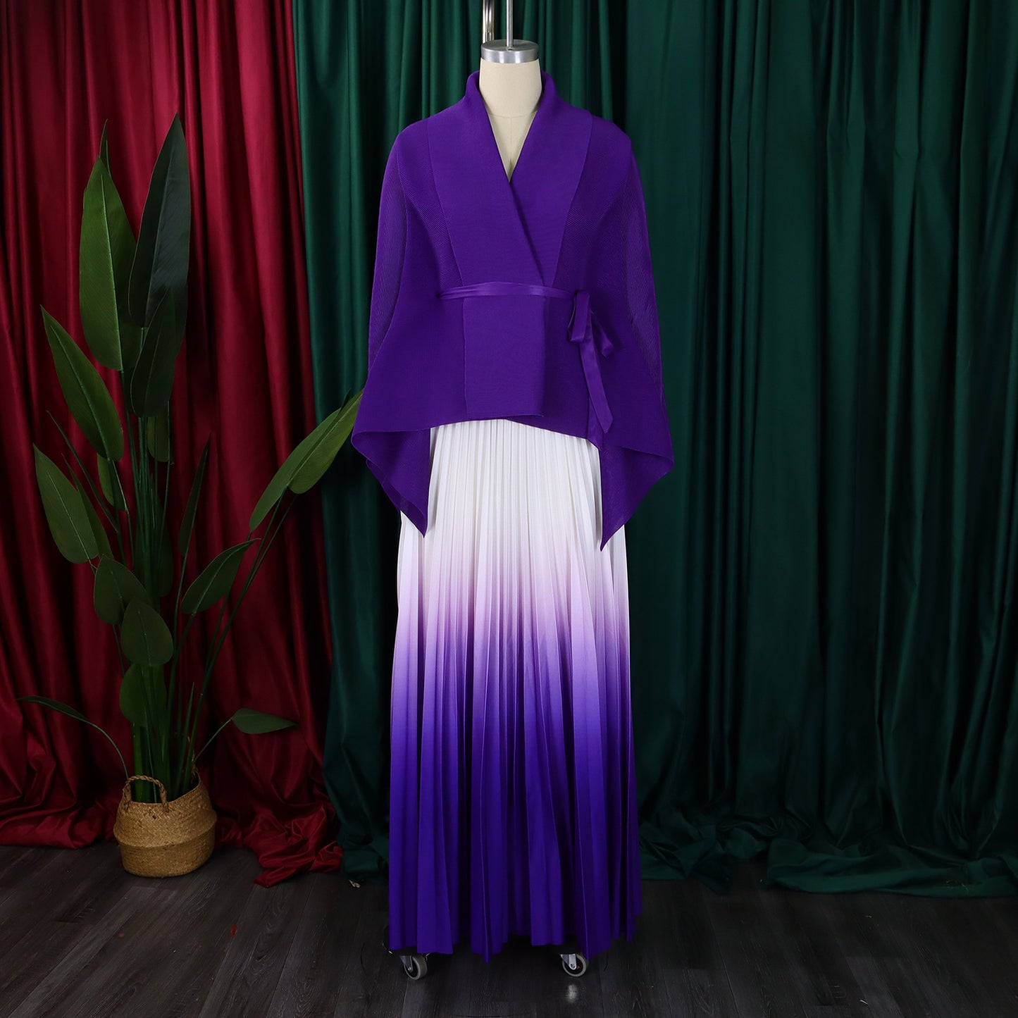 CM.YAYA Gradient Women's Set Full Sleeve Belt Blouse Shirt +Pleated Long Skirts Suit Street Two 2 Piece Set Outfit Tracksuit