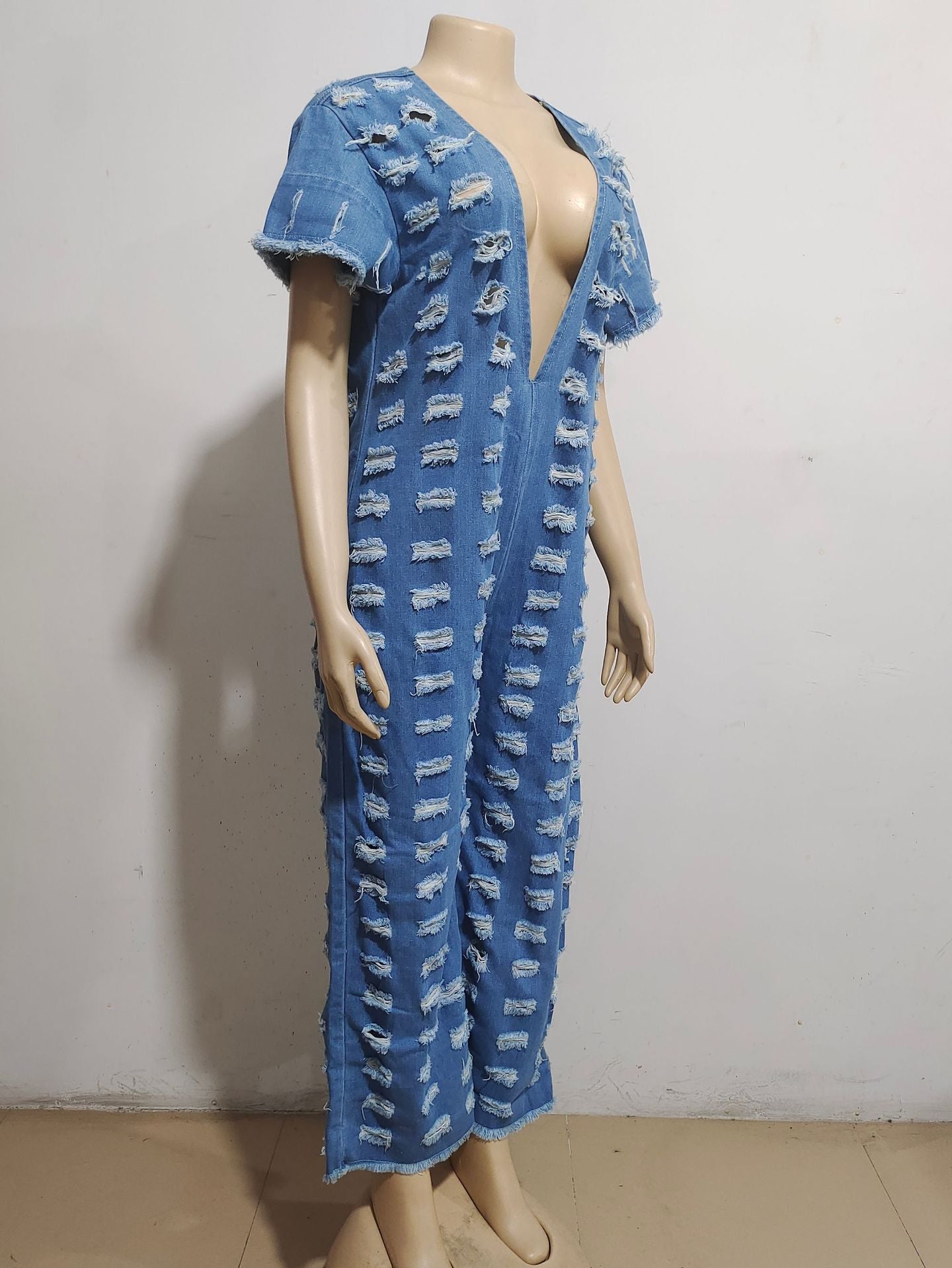 CM.YAYA Women Cutout Hollow Out Deep V-neck Loose Straight Wide Leg Denim Jumpsuit Jeans 2024 Sexy Street  One Piece Suit Romper