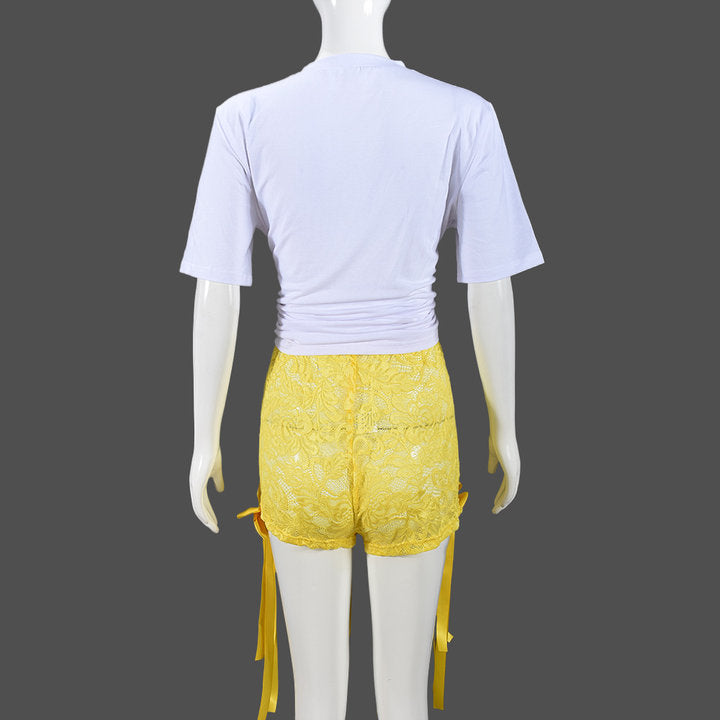 CM.YAYA Women's Set Bow O-Neck short sleeve Tops and lace Shorts Suits Streetwear Casual Two 2 Piece Outfits Tracksuits Summer