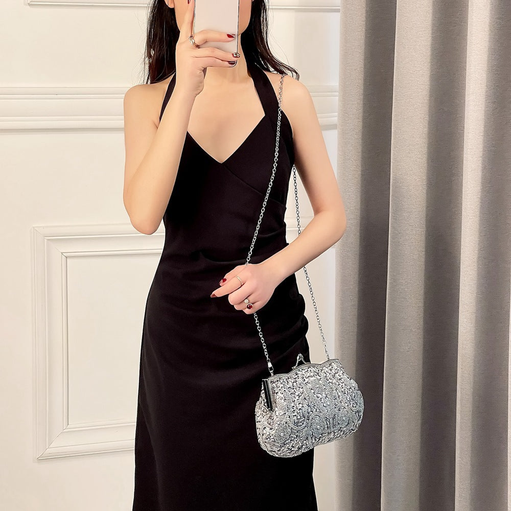 Fashion Glitter Clip Evening Purse Bead Embroidery Clutch Crossbody Bag Women Banquet Bridesmaid Wedding Party Tote Shoulder