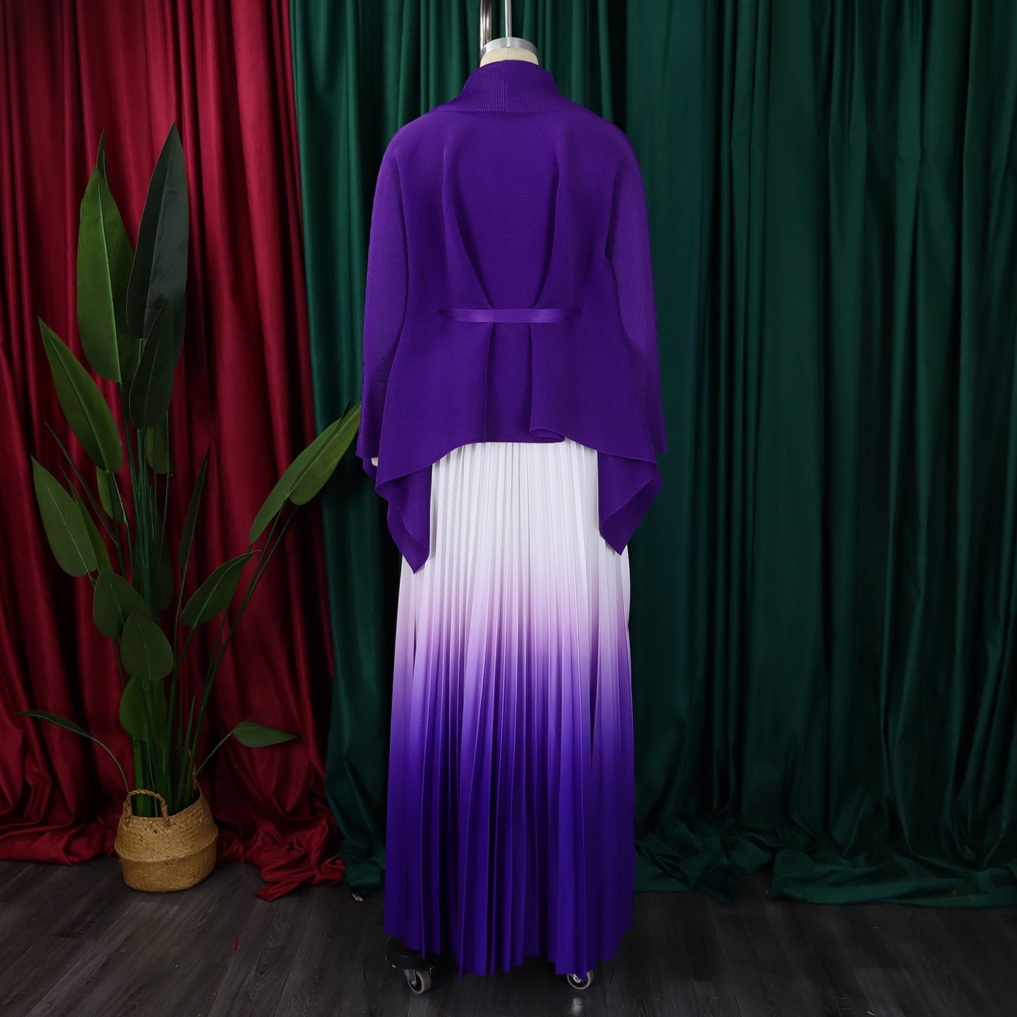 CM.YAYA Gradient Women's Set Full Sleeve Belt Blouse Shirt +Pleated Long Skirts Suit Street Two 2 Piece Set Outfit Tracksuit