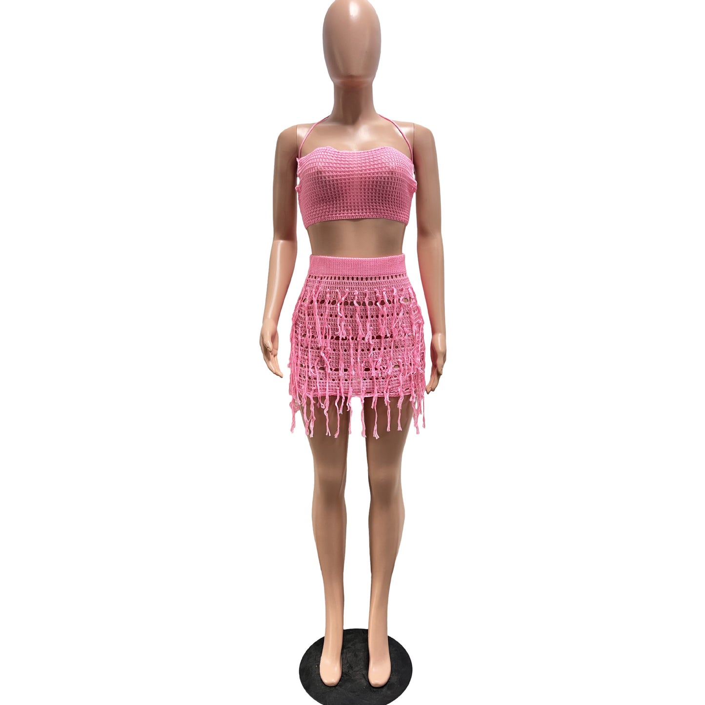 CM.YAYA Beach Holiday Knit Crochet Tassel Women Two 2 Piece Set Outfits Bra Top and Mini Skirt Suit 2024 INS Street Dress Set