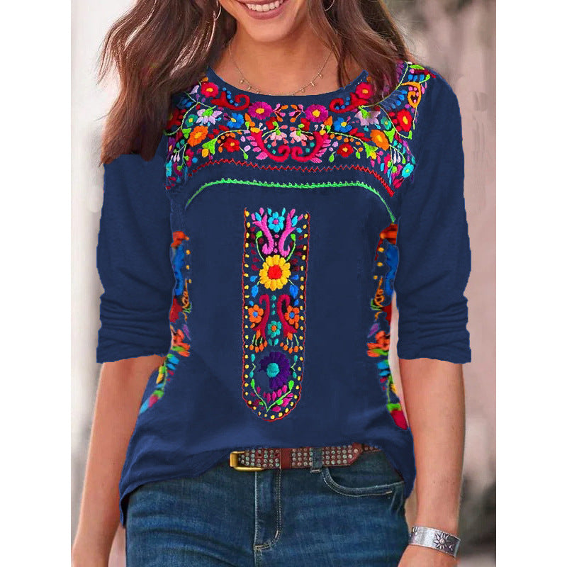 2024 Europe and the United States spring and summer new women's top Bohemian print V-neck long sleeve T-shirt woman