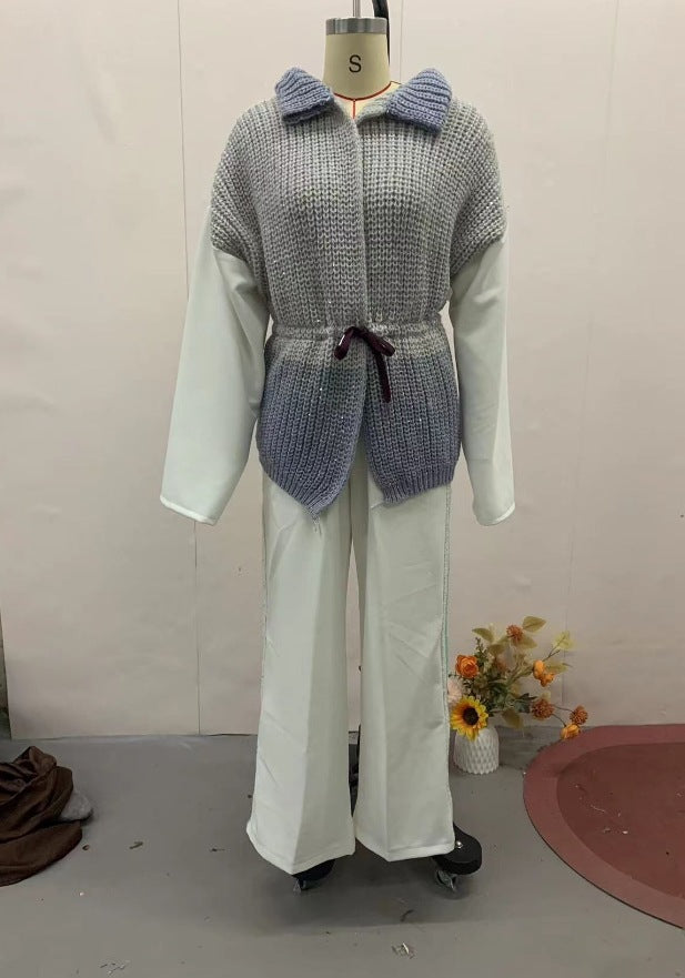 Women Elegant Pant Sets Two Piece Long Sleeve Sequins Splice Sweater Jacket Coat High Waist Side Sequin Trim Wide Leg Trousers