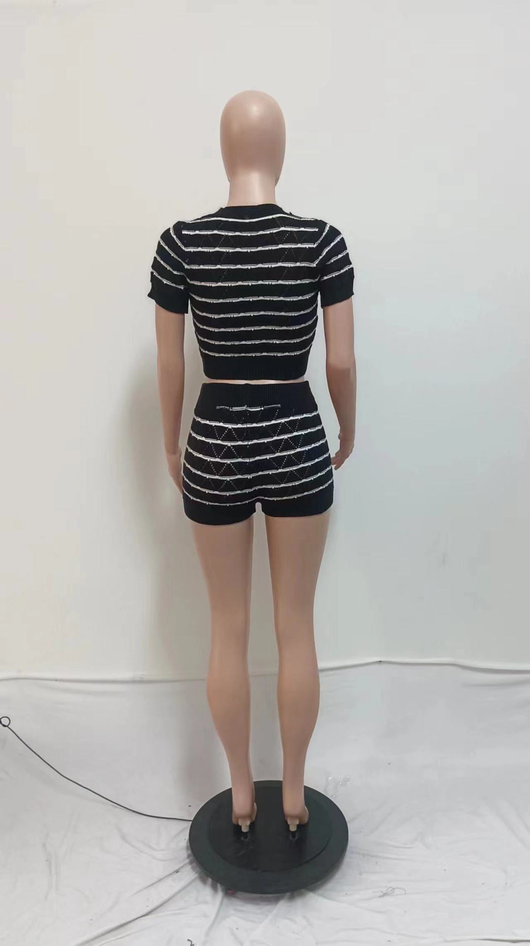 CM.YAYA Women's Set Short Sleeve Top and Shorts 2024 Summer Two 2 Piece Set Outfit Striped Knitted Ribbon Beach Tracksuit