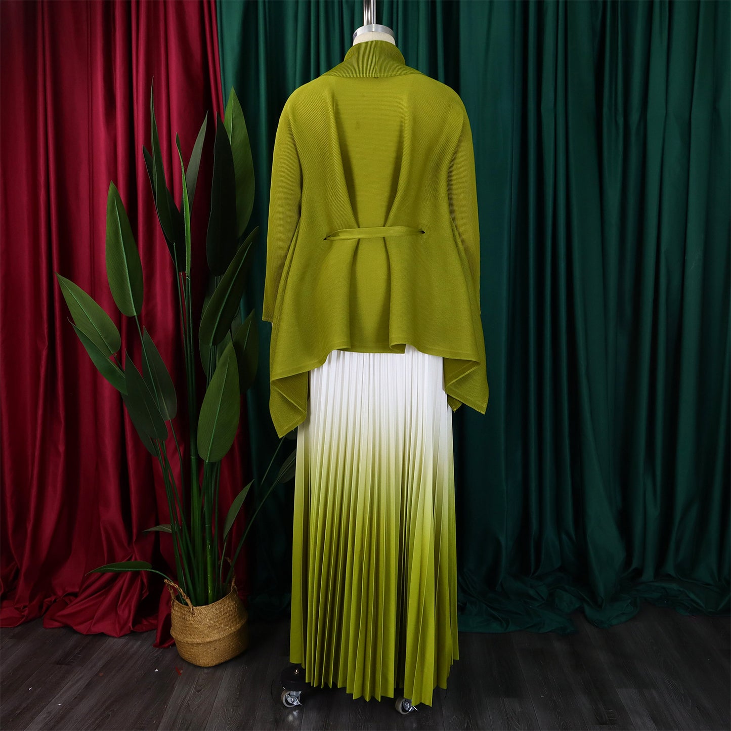 CM.YAYA Gradient Women's Set Full Sleeve Belt Blouse Shirt +Pleated Long Skirts Suit Street Two 2 Piece Set Outfit Tracksuit