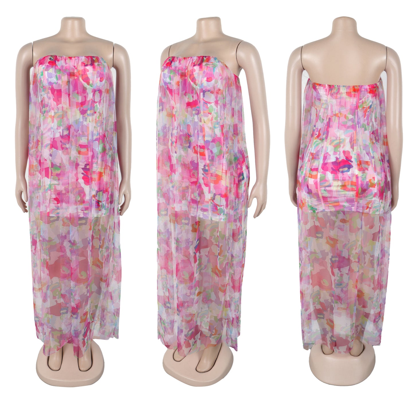 CM.YAYA Women Sleeveless Tie Dye Print Strapless Mesh Bodycon Midi Long Maxi Dress 2025 Birthday Club Party Vestido Sexy Dresses