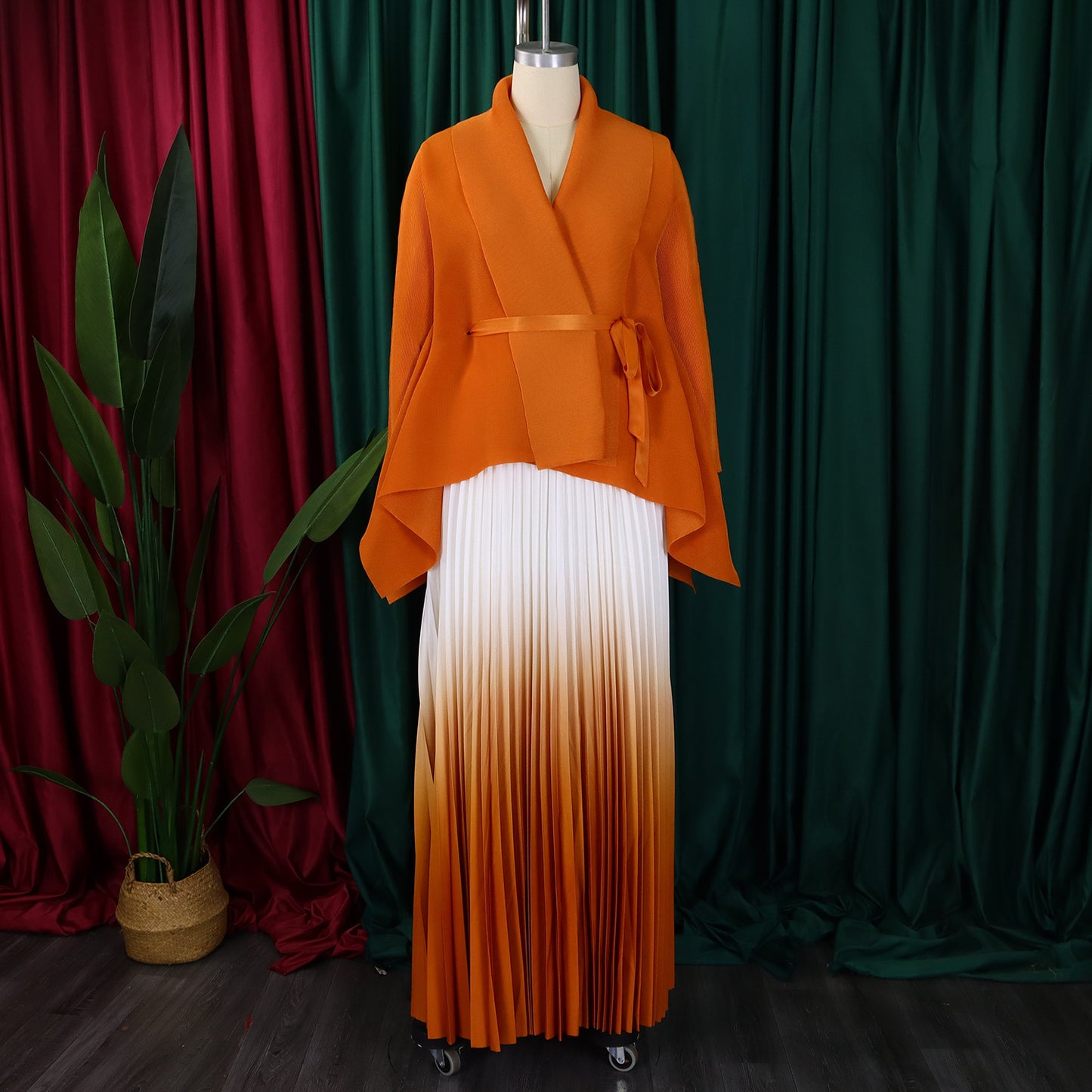 CM.YAYA Gradient Women's Set Full Sleeve Belt Blouse Shirt +Pleated Long Skirts Suit Street Two 2 Piece Set Outfit Tracksuit