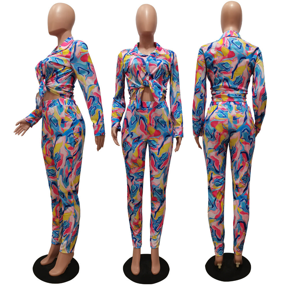 CM.YAYA Autumn Letter Leaf Print Women's Set Blouses Shirt Legging Pants Suit Active Wear Tracksuit Two Piece Set Fitness Outfit