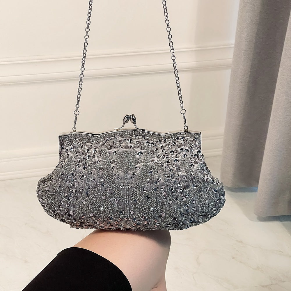 Fashion Glitter Clip Evening Purse Bead Embroidery Clutch Crossbody Bag Women Banquet Bridesmaid Wedding Party Tote Shoulder