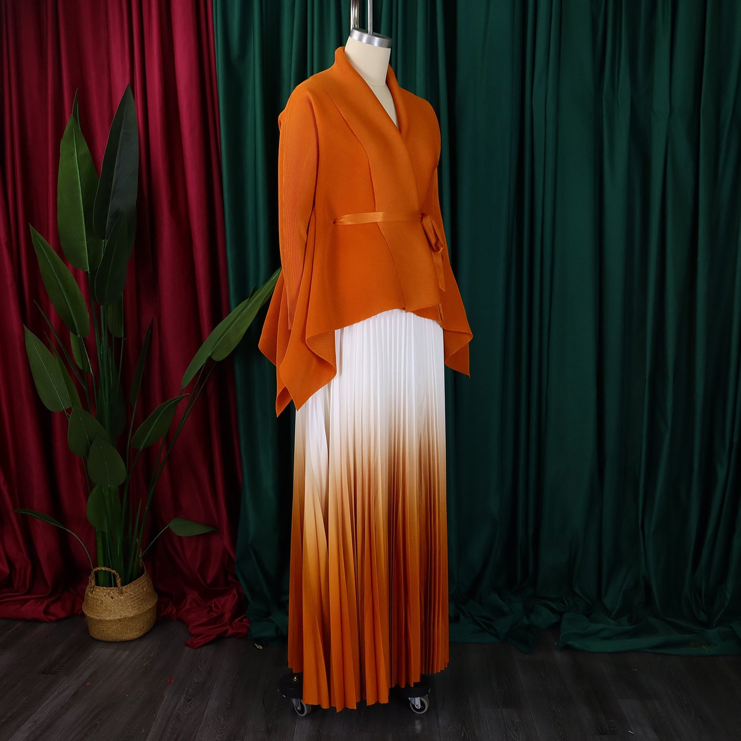 CM.YAYA Gradient Women's Set Full Sleeve Belt Blouse Shirt +Pleated Long Skirts Suit Street Two 2 Piece Set Outfit Tracksuit