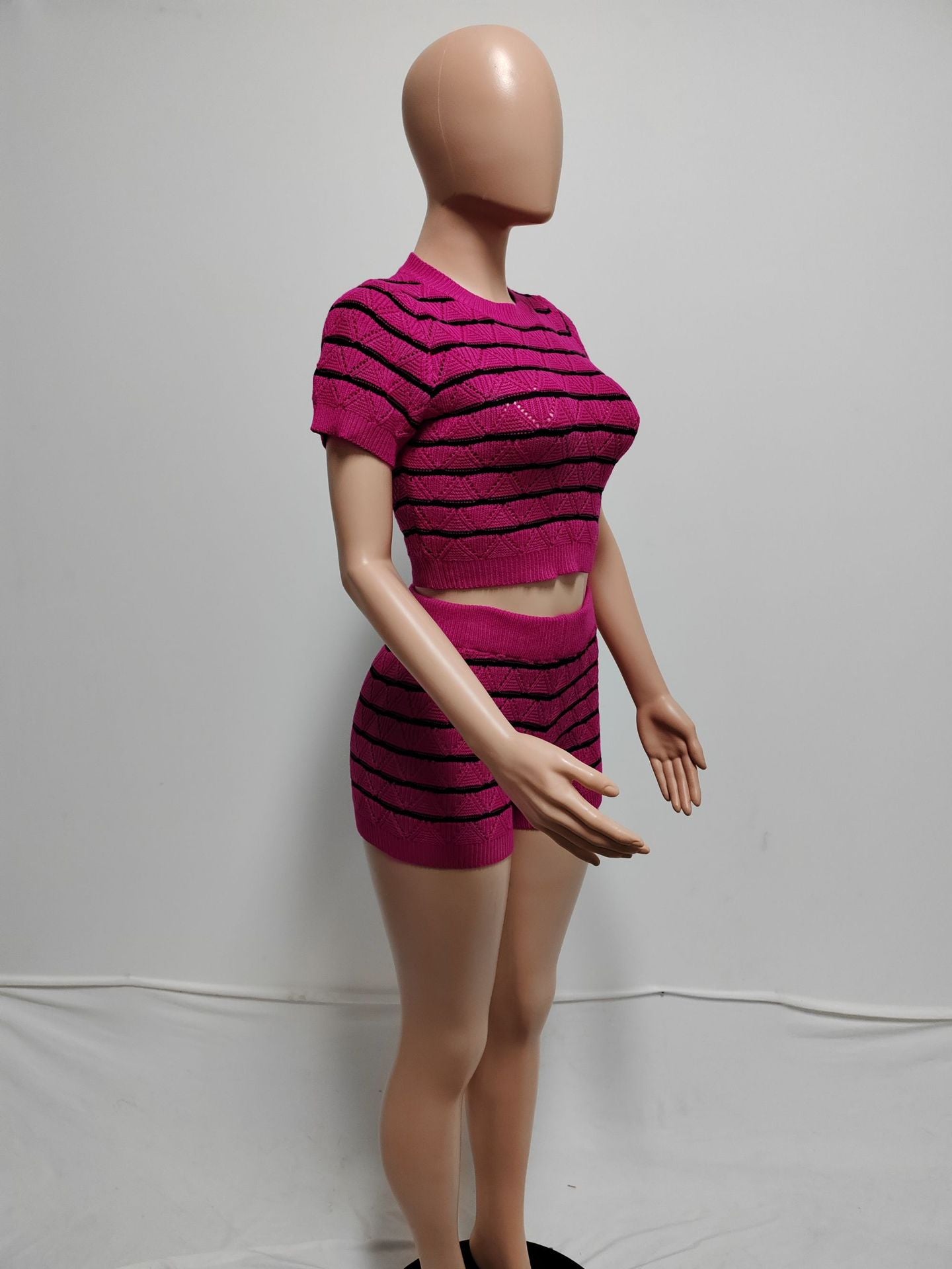 CM.YAYA Women's Set Short Sleeve Top and Shorts 2024 Summer Two 2 Piece Set Outfit Striped Knitted Ribbon Beach Tracksuit
