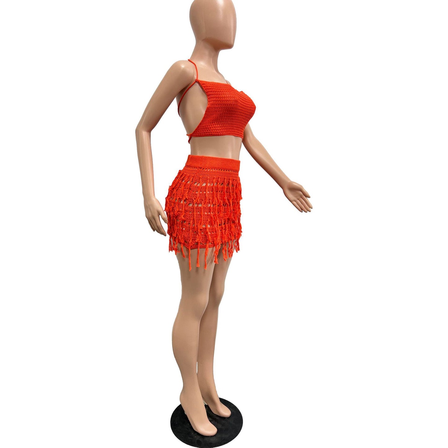 CM.YAYA Beach Holiday Knit Crochet Tassel Women Two 2 Piece Set Outfits Bra Top and Mini Skirt Suit 2024 INS Street Dress Set