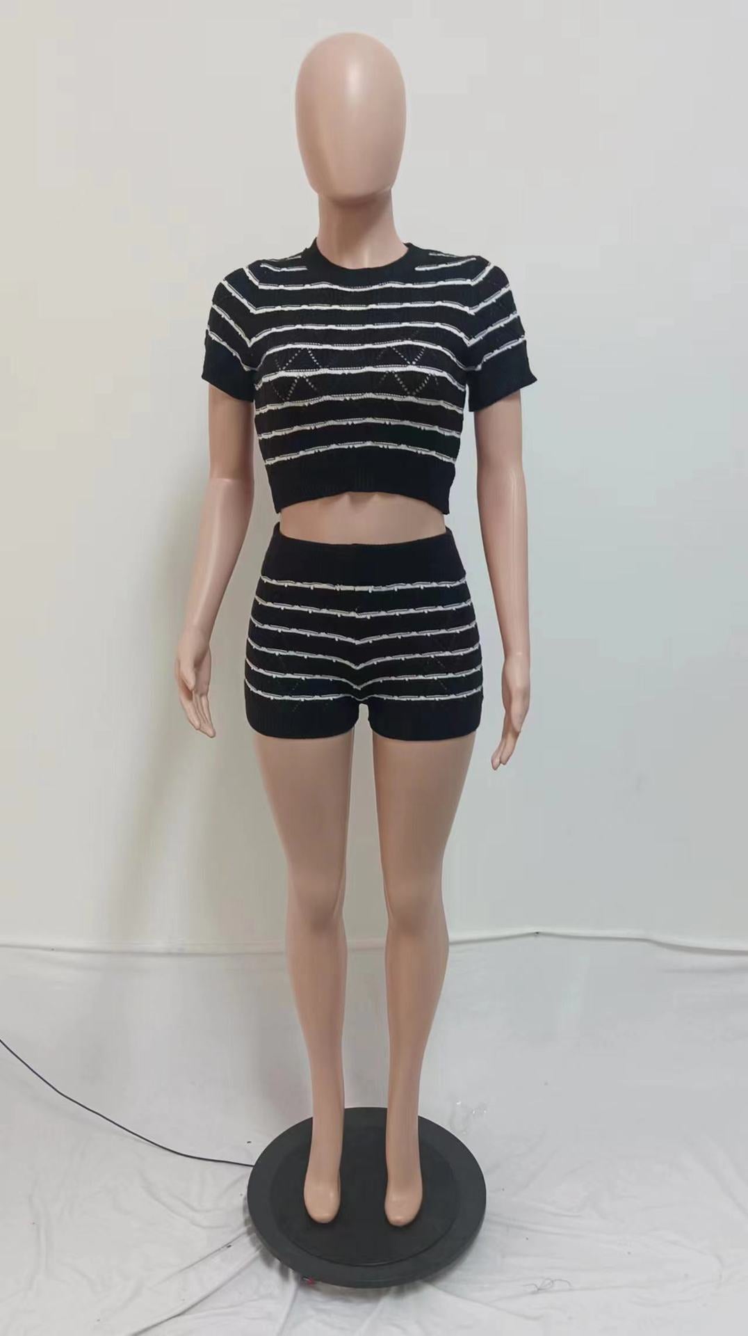 CM.YAYA Women's Set Short Sleeve Top and Shorts 2024 Summer Two 2 Piece Set Outfit Striped Knitted Ribbon Beach Tracksuit
