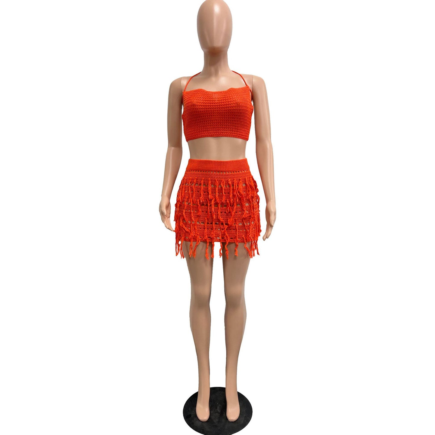 CM.YAYA Beach Holiday Knit Crochet Tassel Women Two 2 Piece Set Outfits Bra Top and Mini Skirt Suit 2024 INS Street Dress Set