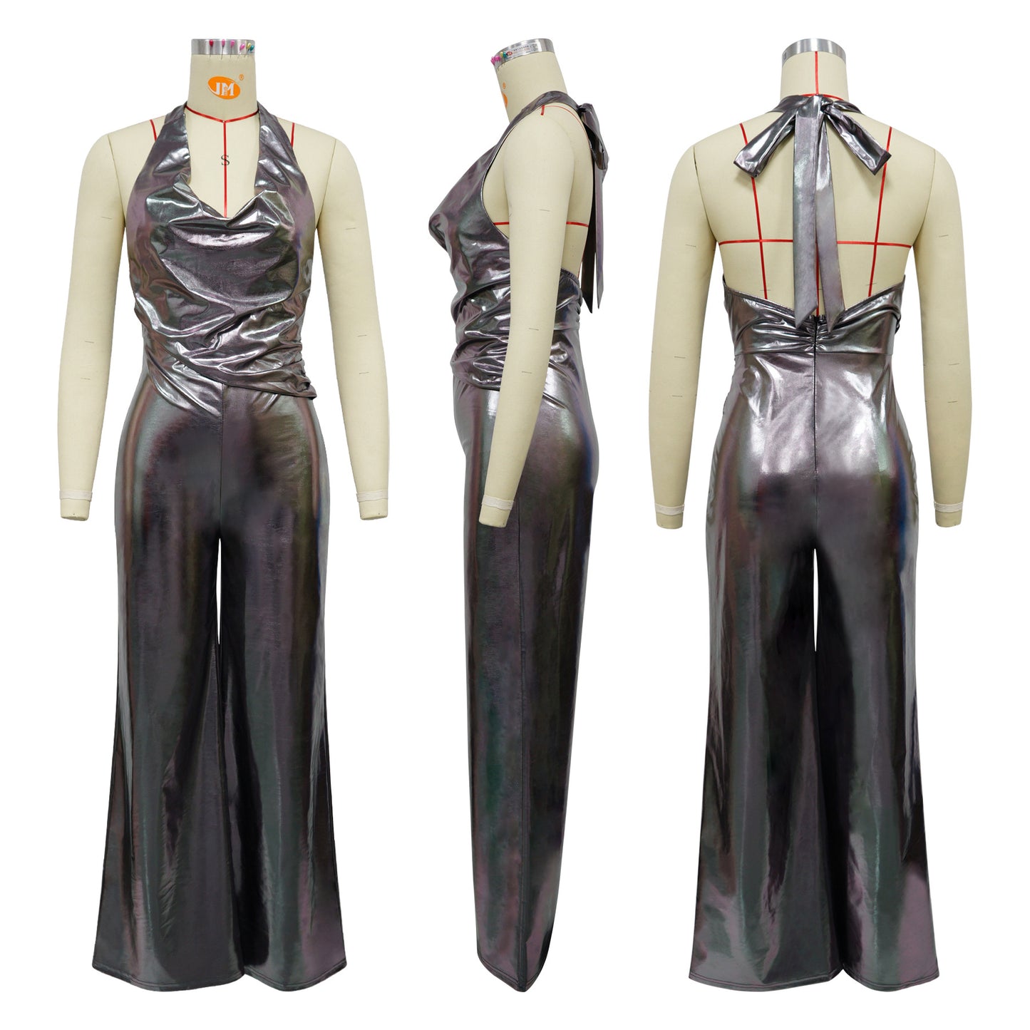 CM.YAYA Women Heaps Collar V-Neck Backless Wide Leg Straight Sleeveless Jumpsuits Spring Sexy One Piece Set Streetwear Outfits