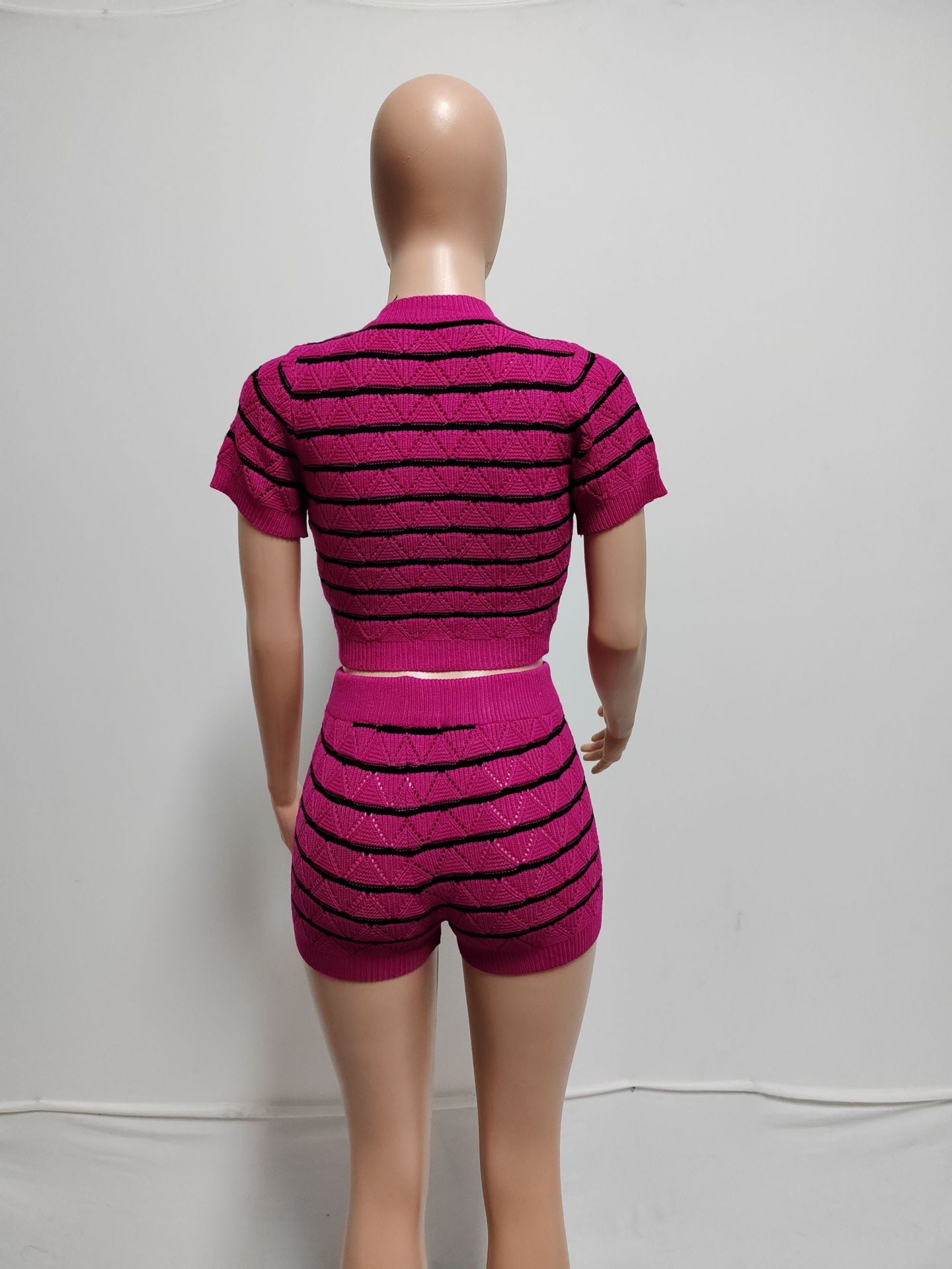 CM.YAYA Women's Set Short Sleeve Top and Shorts 2024 Summer Two 2 Piece Set Outfit Striped Knitted Ribbon Beach Tracksuit