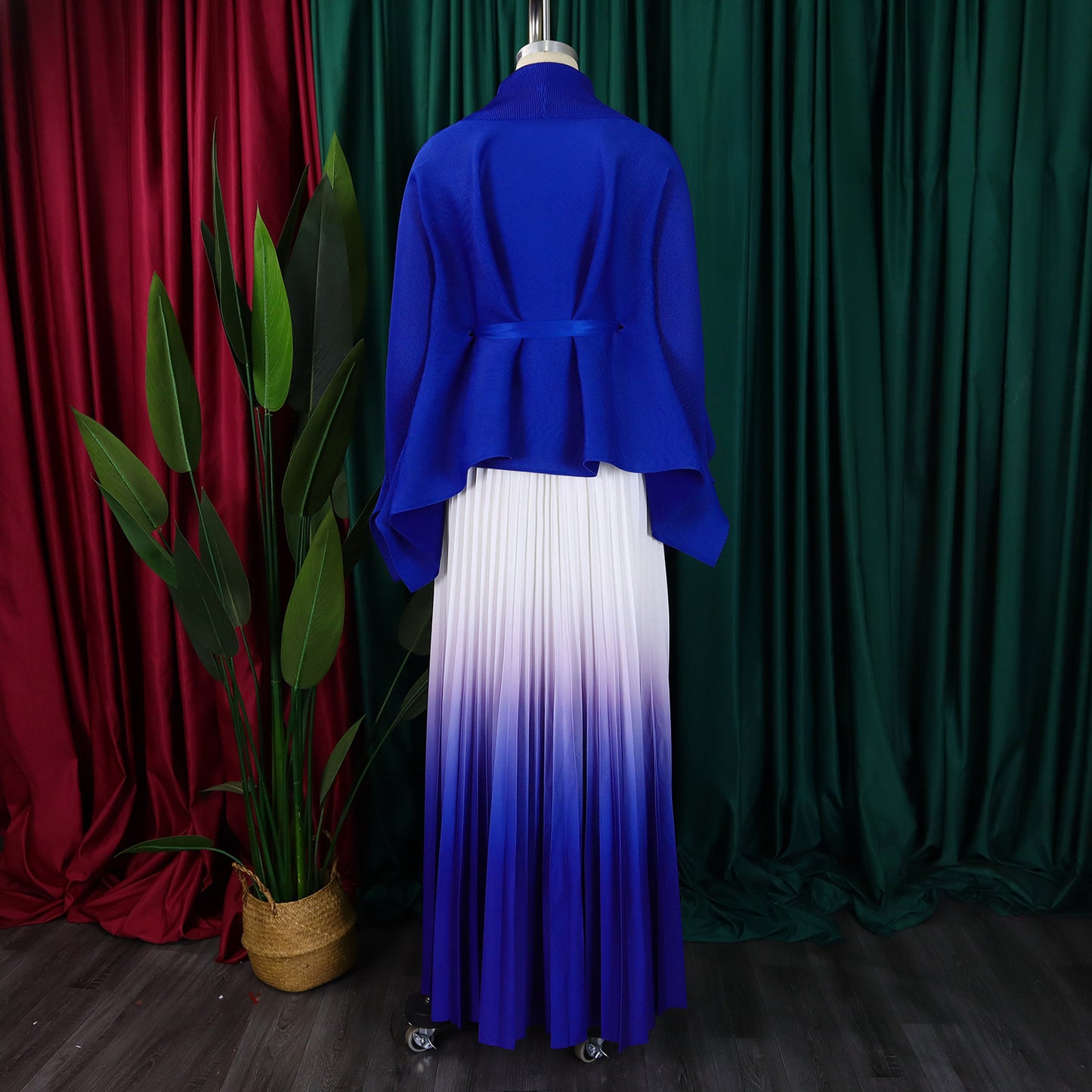 CM.YAYA Gradient Women's Set Full Sleeve Belt Blouse Shirt +Pleated Long Skirts Suit Street Two 2 Piece Set Outfit Tracksuit