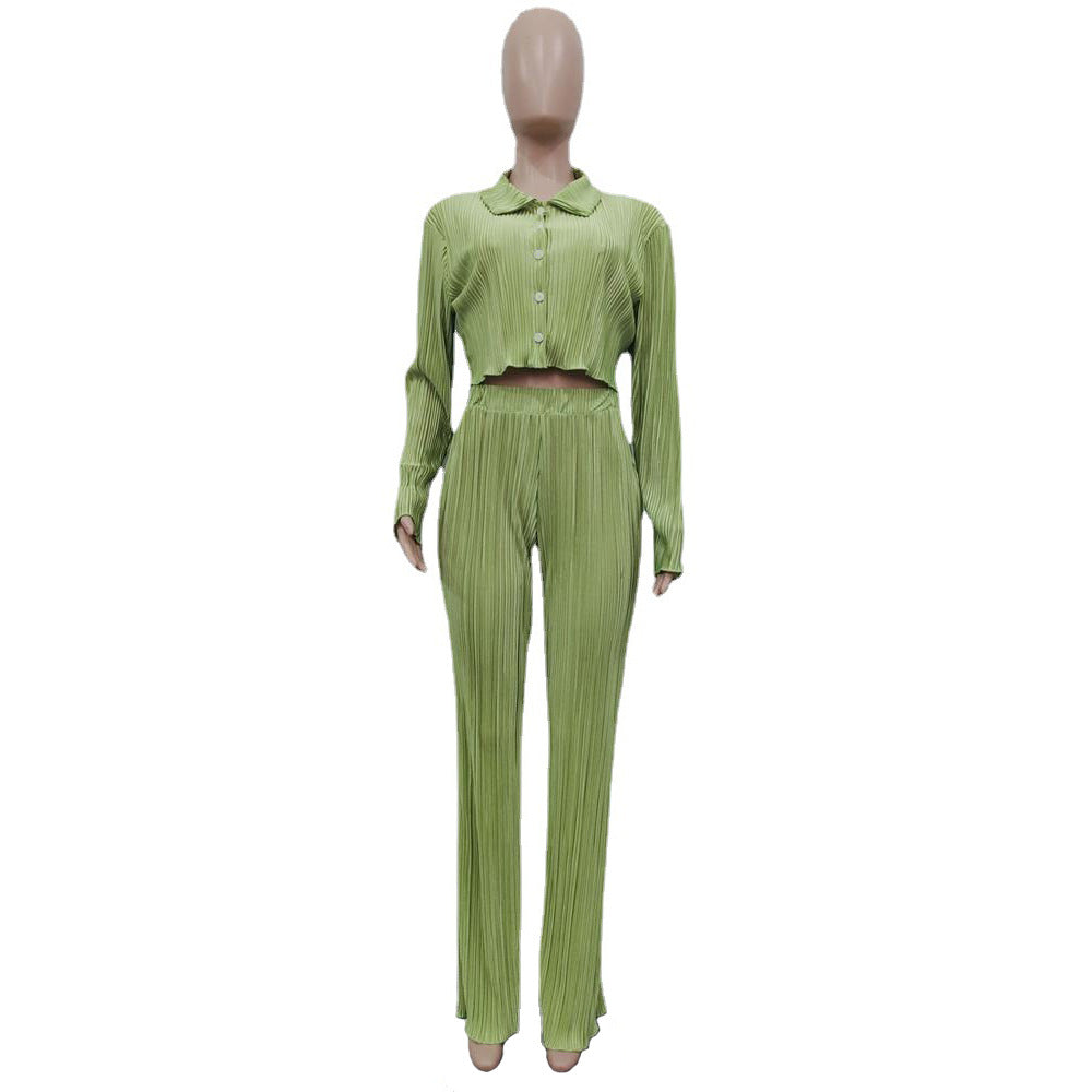 CM.YAYA Street Pleated Women's Set Long Sleeve Mini Blouse Shirt and Straight Pants Suit 2023 Two 2 Piece Set Outfits Tracksuit