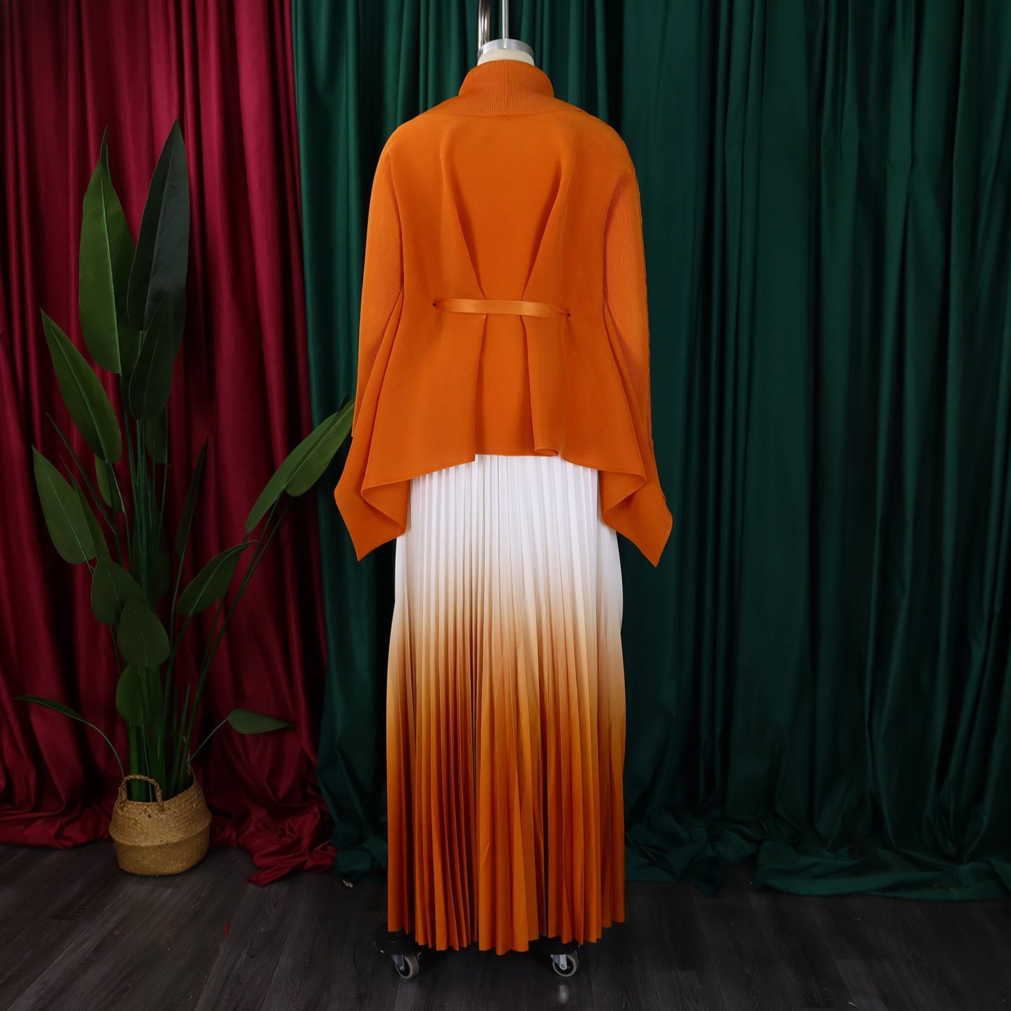 CM.YAYA Gradient Women's Set Full Sleeve Belt Blouse Shirt +Pleated Long Skirts Suit Street Two 2 Piece Set Outfit Tracksuit