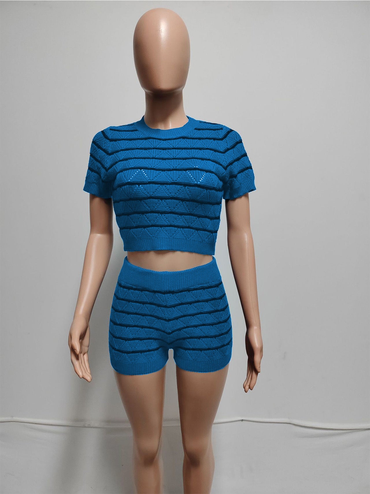 CM.YAYA Women's Set Short Sleeve Top and Shorts 2024 Summer Two 2 Piece Set Outfit Striped Knitted Ribbon Beach Tracksuit