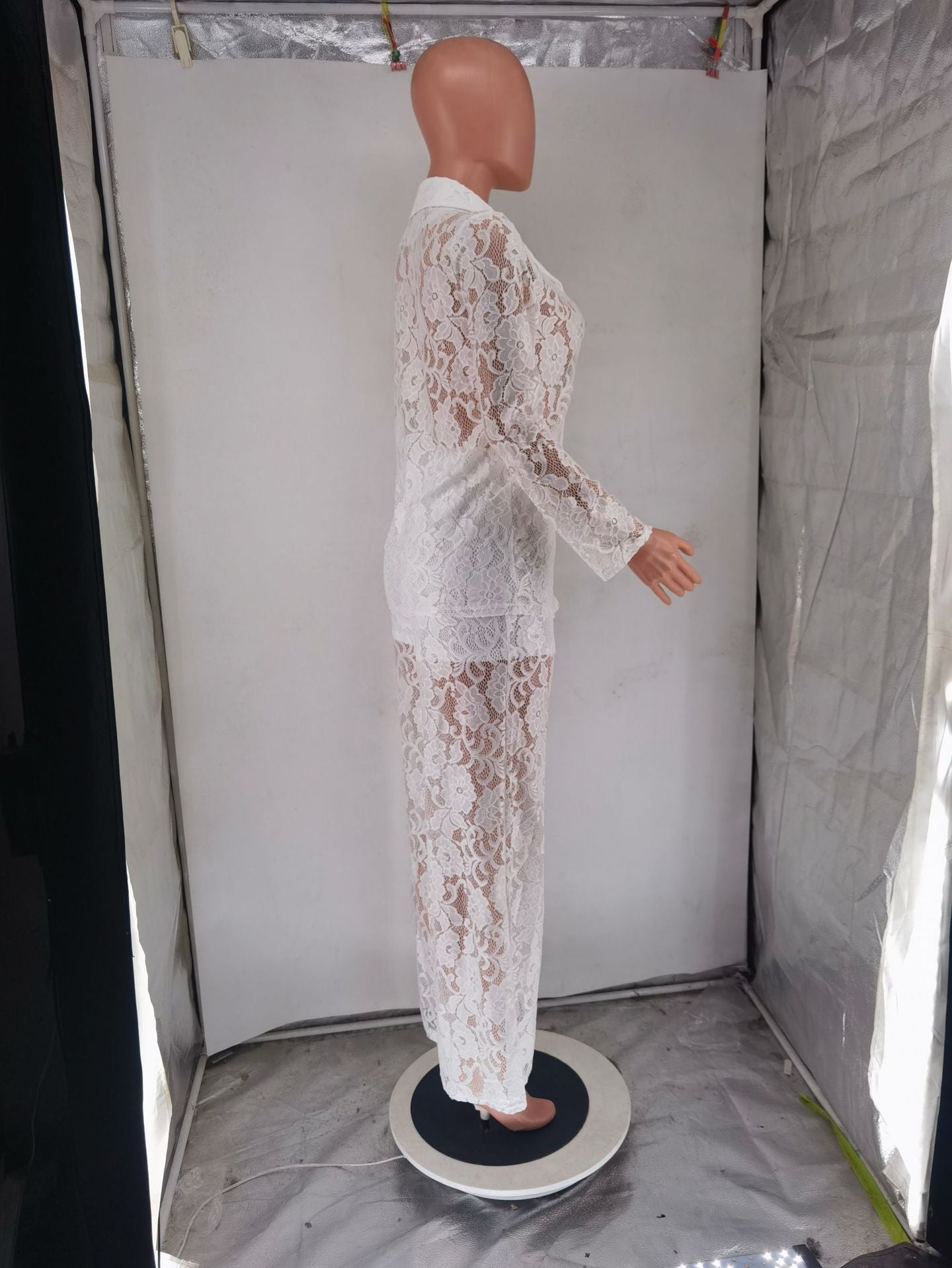 CM.YAYA Vintage Women Lace See Though Long Sleeve Blazer Suit and Wide Leg Straight Pants Set 2023 Two 2 Piece Set Outfits