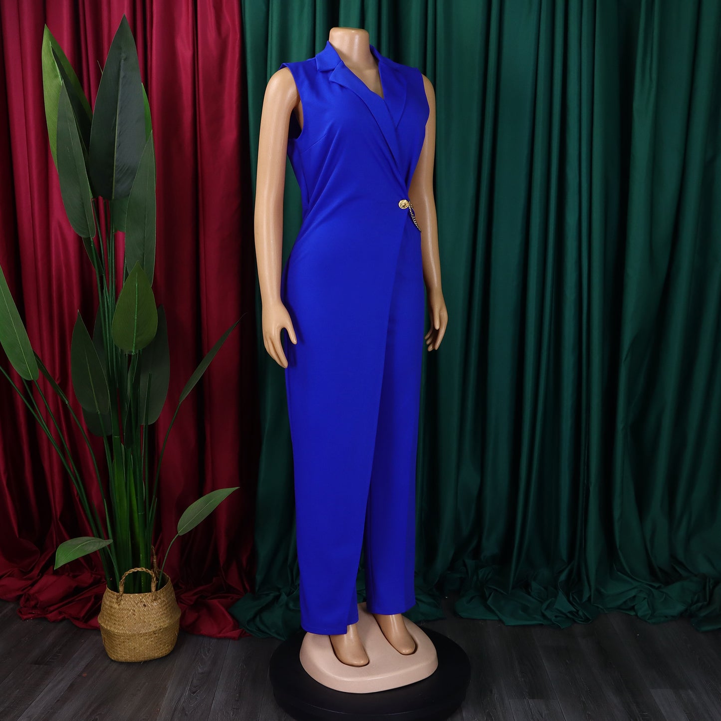 CM.YAYA Women Wide Leg V-Neck Sleeveless Jumpsuits Waist Chain 2024 Summer OL Beach Night Club Playsuit One Piece Suit Romper