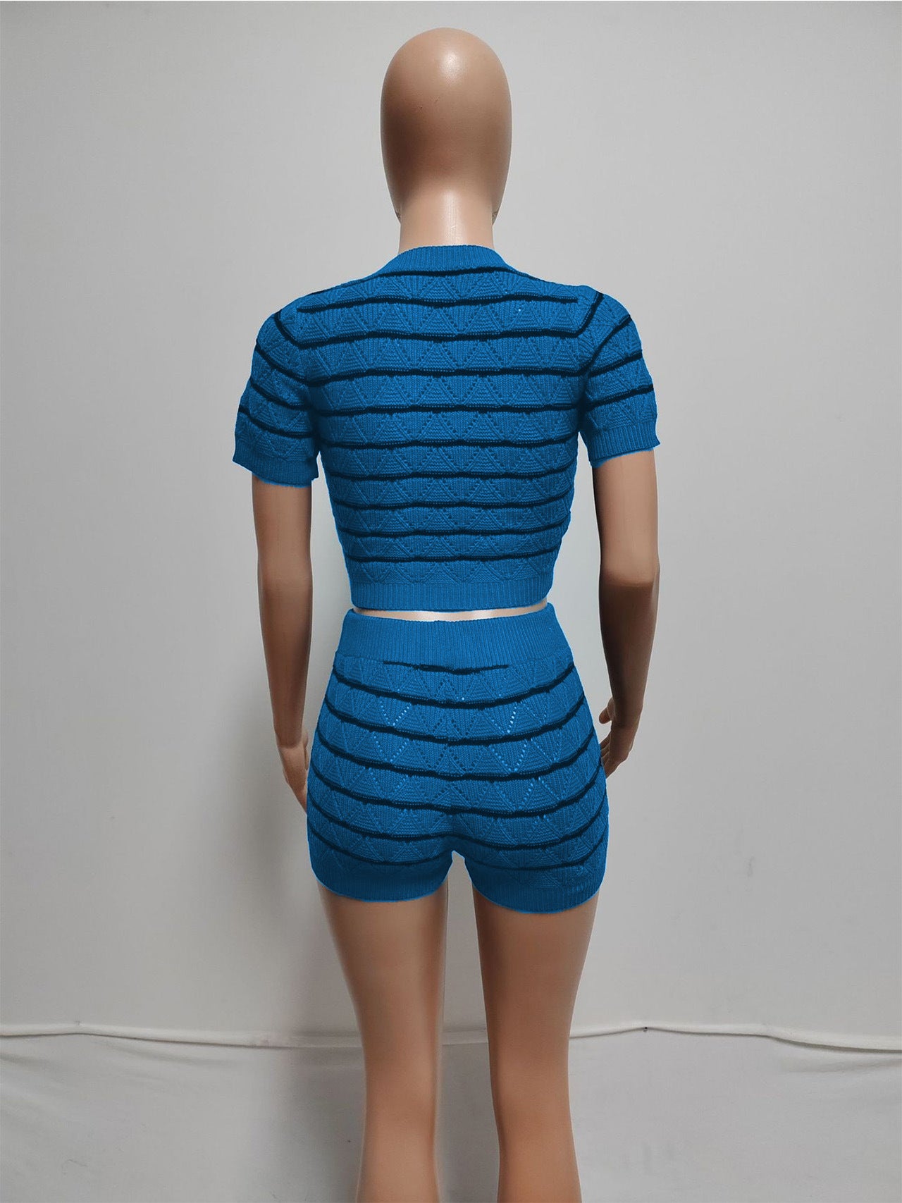 CM.YAYA Women's Set Short Sleeve Top and Shorts 2024 Summer Two 2 Piece Set Outfit Striped Knitted Ribbon Beach Tracksuit