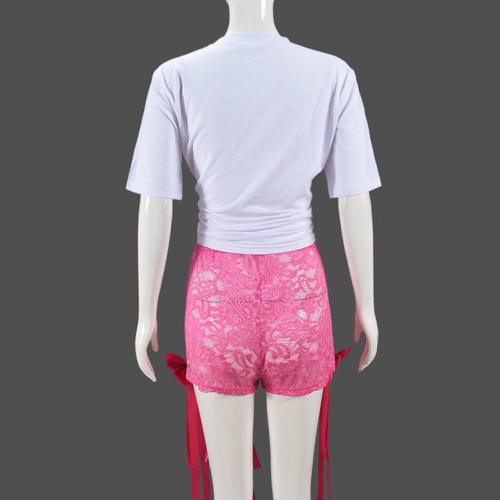 CM.YAYA Women's Set Bow O-Neck short sleeve Tops and lace Shorts Suits Streetwear Casual Two 2 Piece Outfits Tracksuits Summer