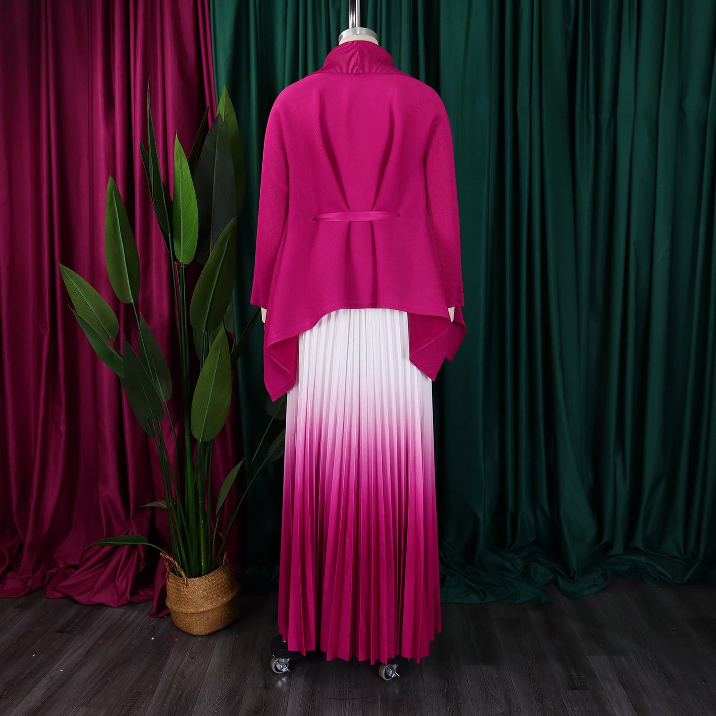 CM.YAYA Gradient Women's Set Full Sleeve Belt Blouse Shirt +Pleated Long Skirts Suit Street Two 2 Piece Set Outfit Tracksuit