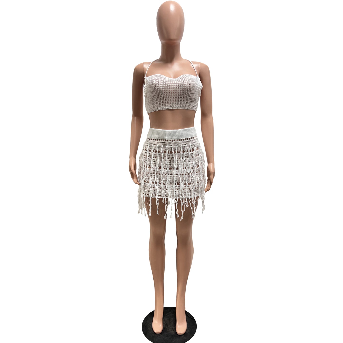 CM.YAYA Beach Holiday Knit Crochet Tassel Women Two 2 Piece Set Outfits Bra Top and Mini Skirt Suit 2024 INS Street Dress Set
