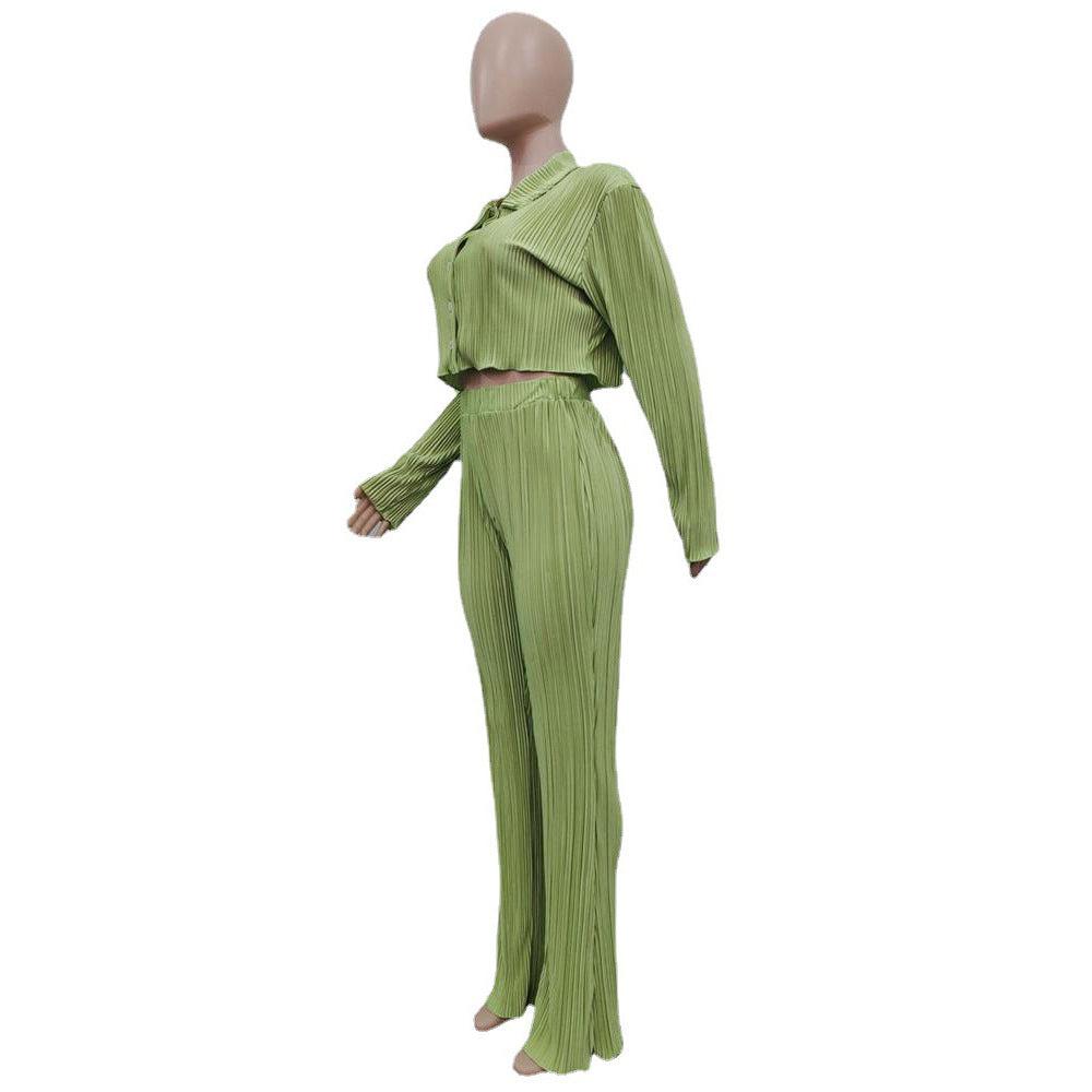 CM.YAYA Street Pleated Women's Set Long Sleeve Mini Blouse Shirt and Straight Pants Suit 2023 Two 2 Piece Set Outfits Tracksuit